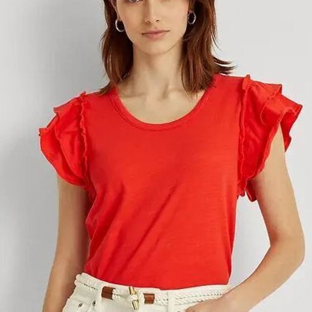Lauren Ralph Lauren Womens Ruffle Shirt S Classic Preppy Holiday Old Money Ivy